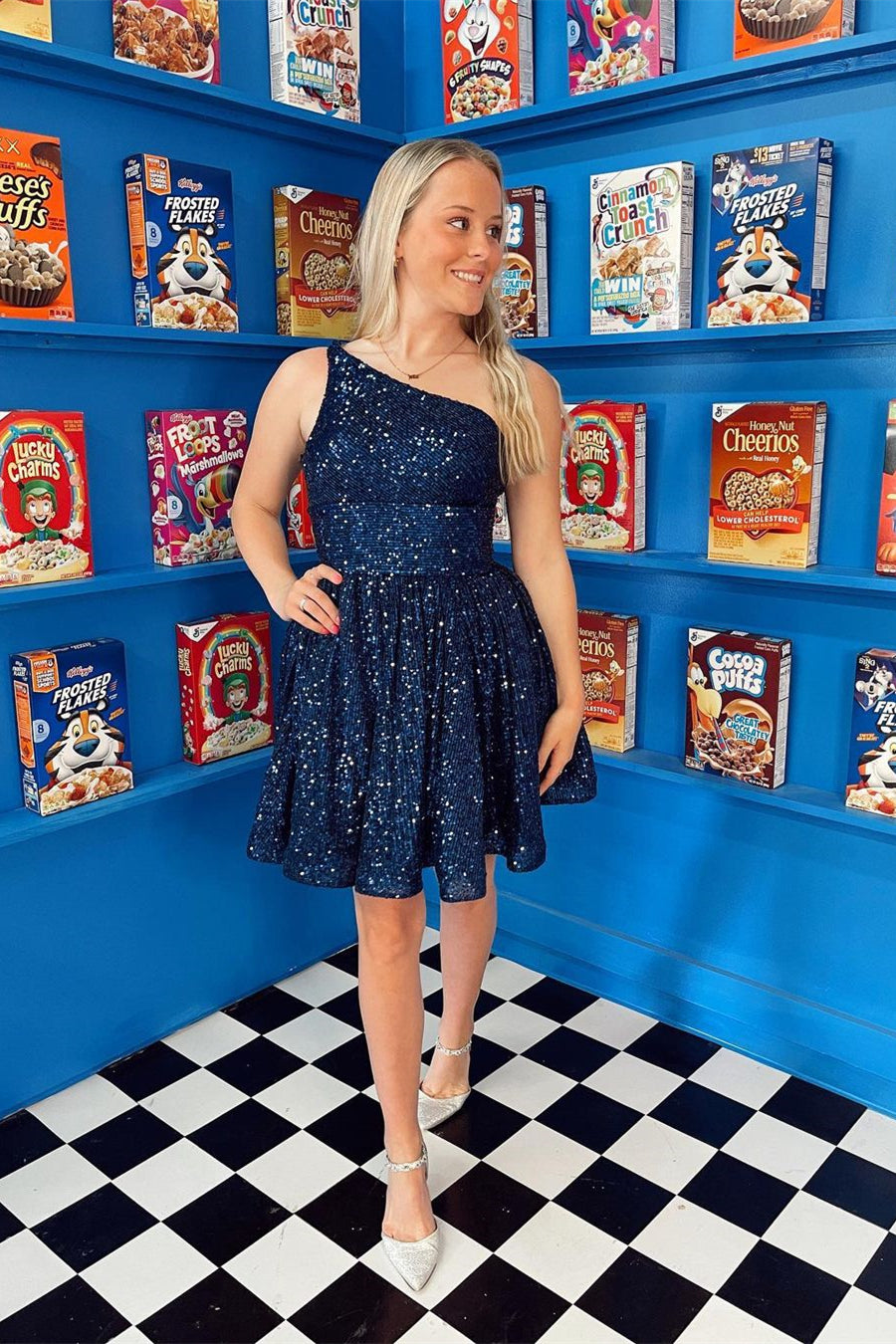 Navy Blue One Shoulder A-line Short Party Dress