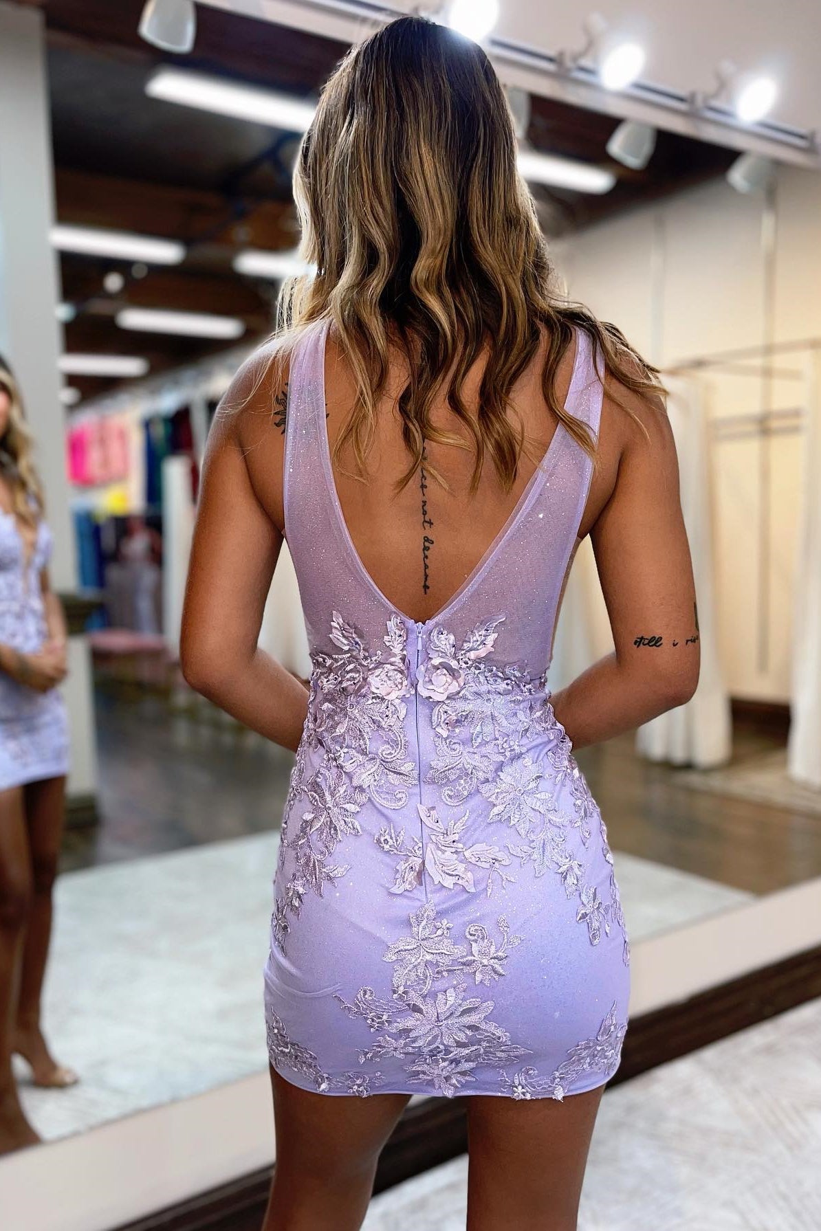 Mesh Insert V Neck Lace Appliques Tight Mini Dress