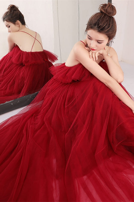 Beautiful A-line Red Long Party Dress with Straps