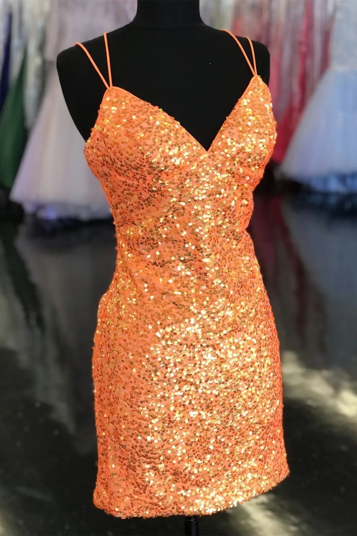 Glitter Orange Sequin Fitted Mini Party Dress with Double Straps