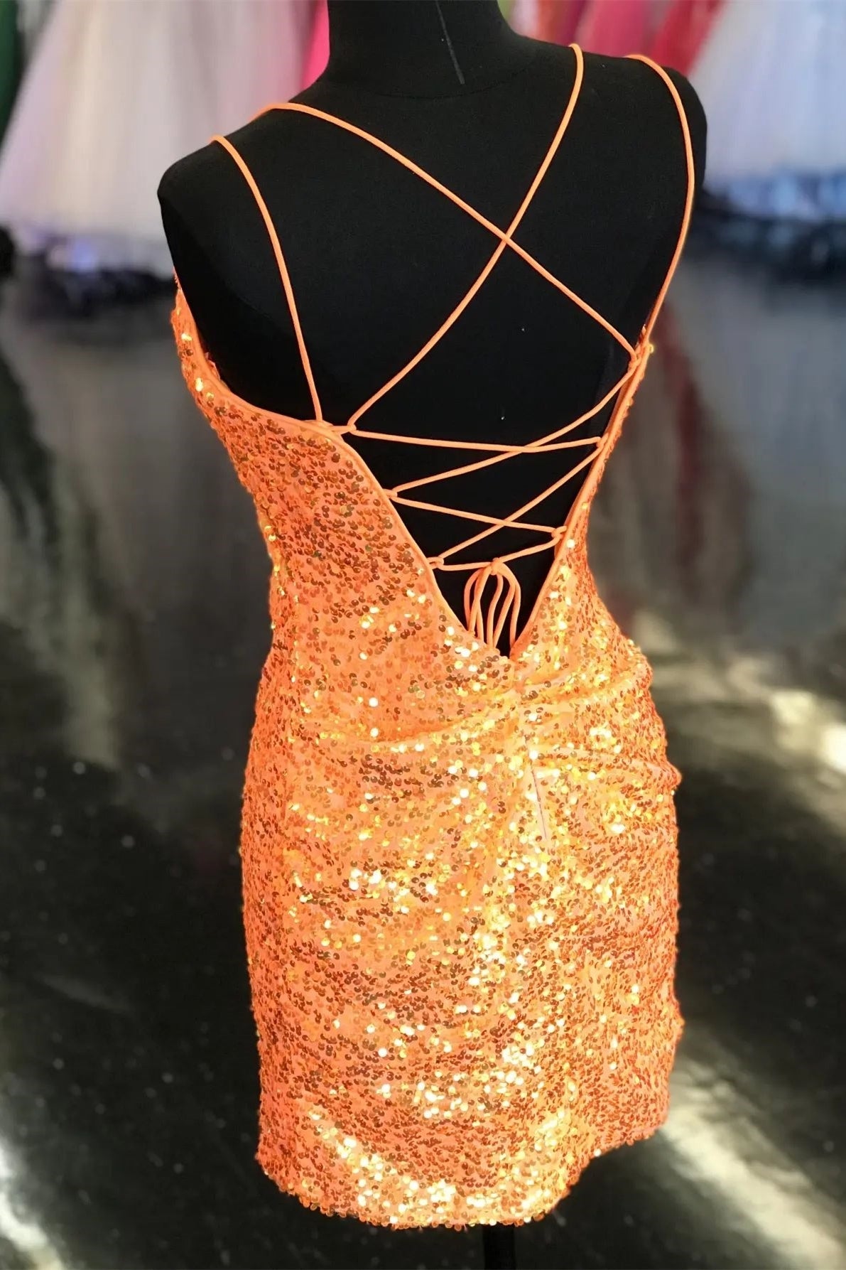 Glitter Orange Sequin Fitted Mini Party Dress with Double Straps