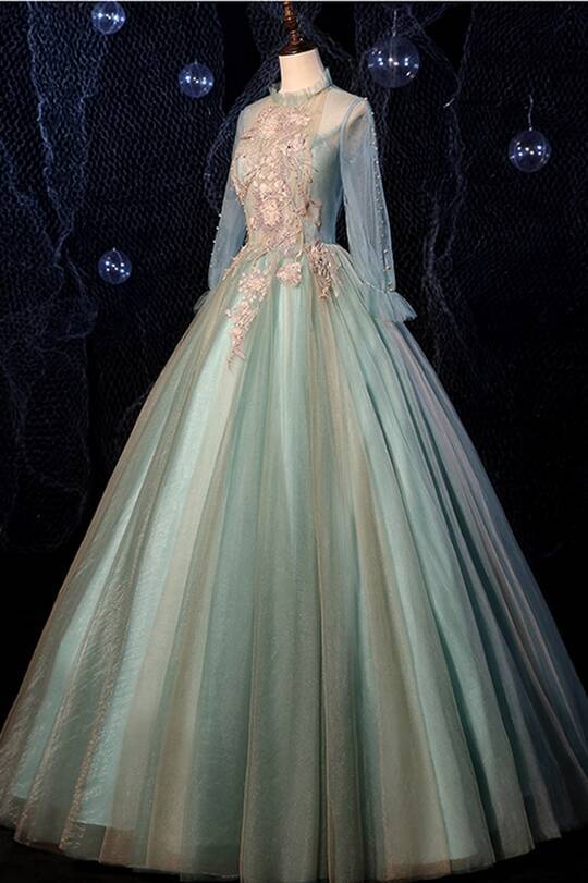 Noble High Neck Green Long Ball Gown with Long Sleeves