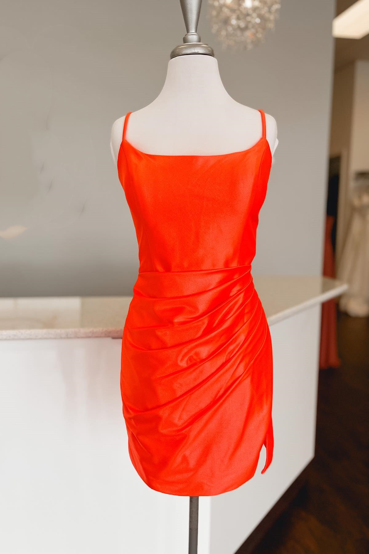 Orange Straps Ruched Bodycon Mini Dress