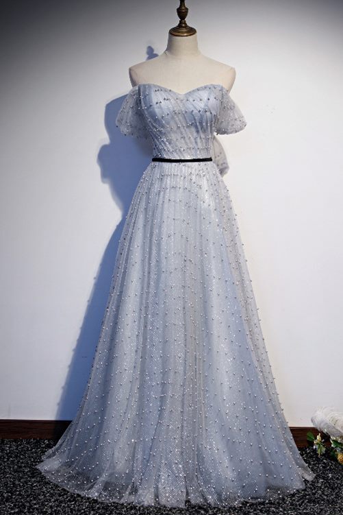Off the Shoulder Grey Pearls Long Prom Dress