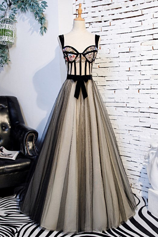 A-line Black Floral Long Formal Dress