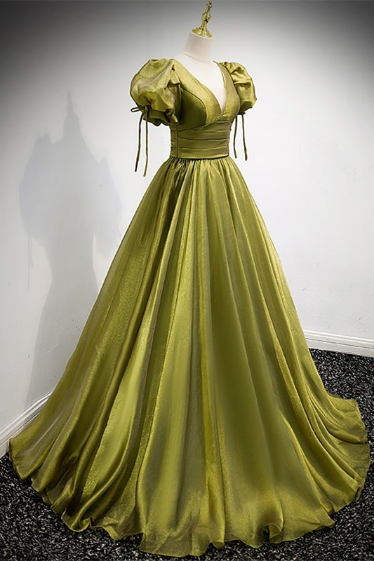 Short Puffy Sleeves Empire A-line Long Formal Dress