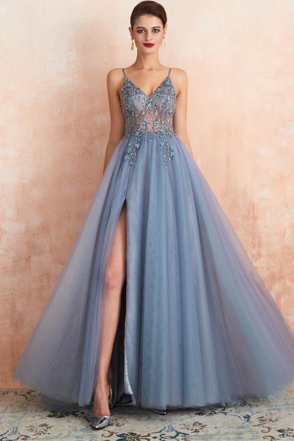 Misty Blue A-line Beaded Long Formal Dress with Side Slit Dressesforparty Misty Blue A-line Beaded Long Formal Dress with Side Slit Dressesforparty