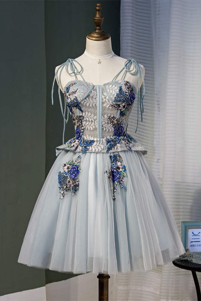 Adorable A-line Blue Floral Embroidered Short Party Dress
