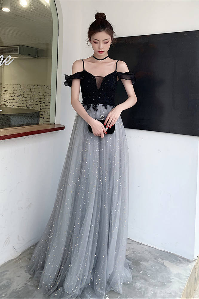 A-line Black and Silver Long Prom Dress