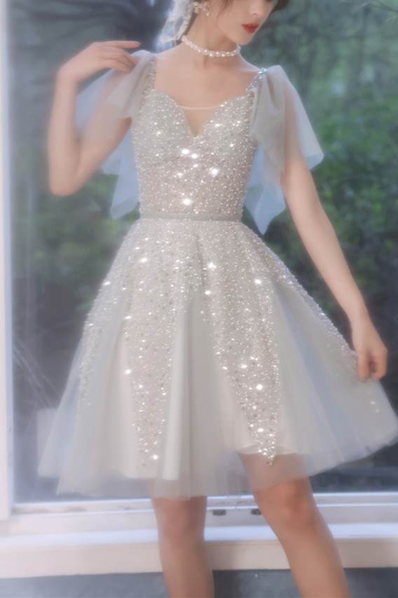 A-line Short Silver Homecoming Dress with Flutter Sleeves 