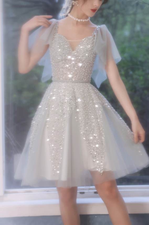 silver long sleeve homecoming dress A-line Short Silver Homecoming Dress with Flutter Sleeves – Dressesforparty