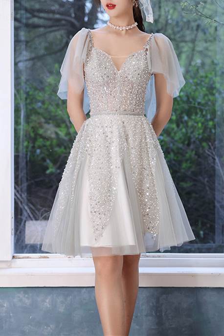 A-line Short Silver Homecoming Dress with Flutter Sleeves 