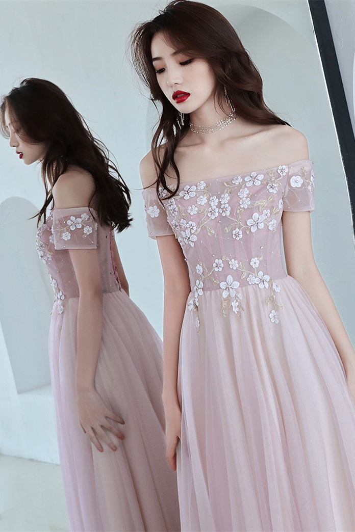 Off the Shoulder Pink Long Prom Dress with Flowers