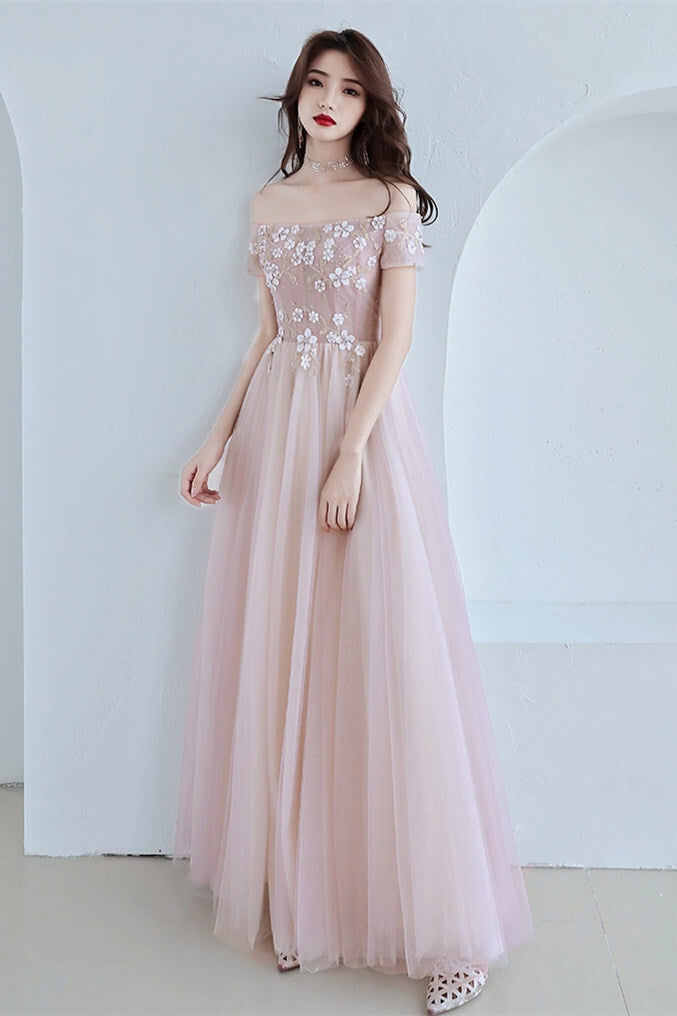 Off the Shoulder Pink Long Prom Dress with Flowers