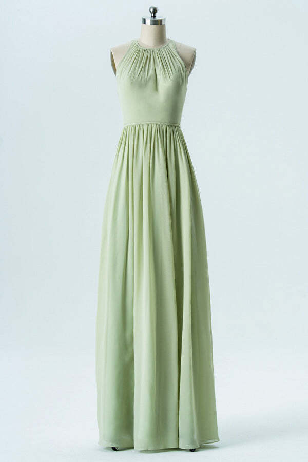Sage Green Jewel Chiffon A-line Long Bridesmaid Dress