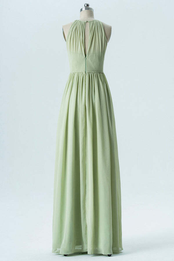 Sage Green Jewel Chiffon A-line Long Bridesmaid Dress