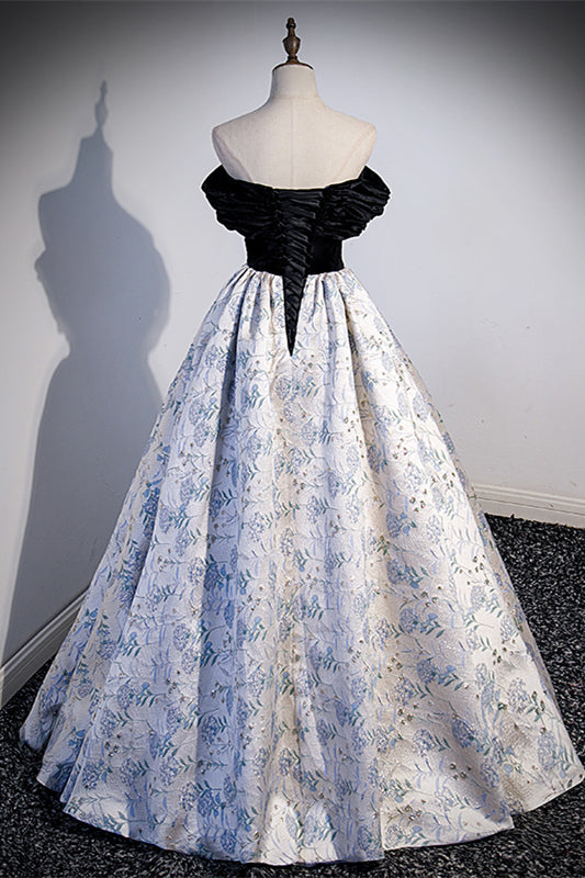 Off the Shoulder Black and Floral Long Formal Gown