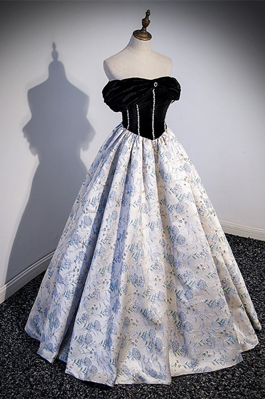 Off the Shoulder Black and Floral Long Formal Gown