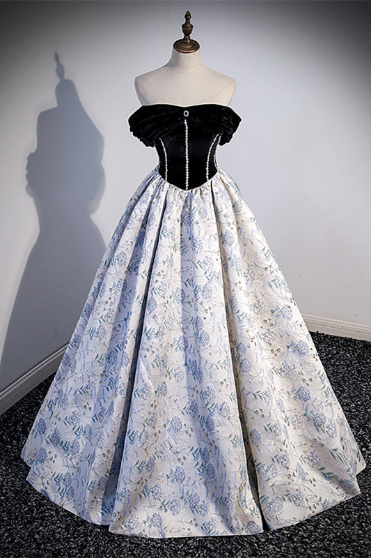 Off the Shoulder Black and Floral Long Formal Gown