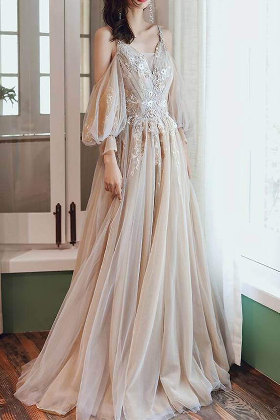 sachin and babi light blue dress Dark Champagne Sparkly High Slit Long Sleeves Evening Dress