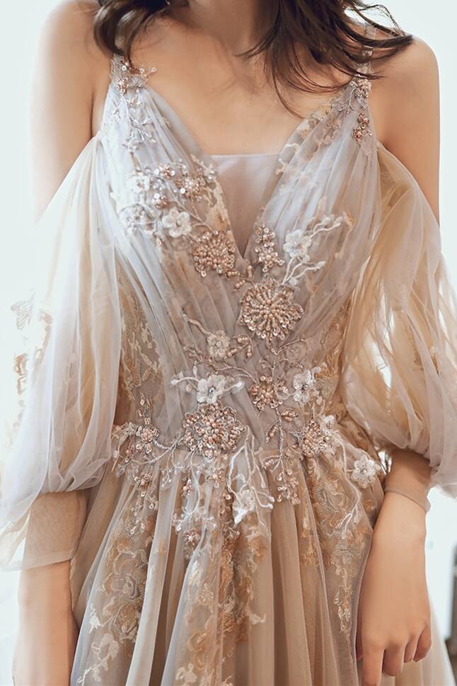 Unique Cold Sleeves Champagne Long Formal Dress