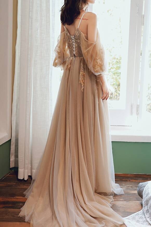 Unique Cold Sleeves Champagne Long Formal Dress