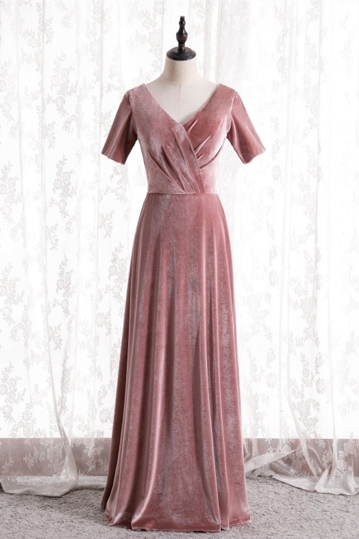 Short Sleeves Pink Velvet Long Bridesmaid Dress
