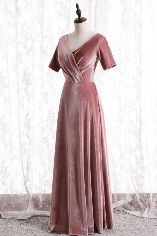 Short Sleeves Pink Velvet Long Bridesmaid Dress