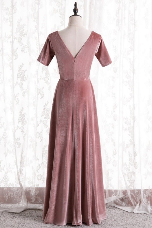 Short Sleeves Pink Velvet Long Bridesmaid Dress
