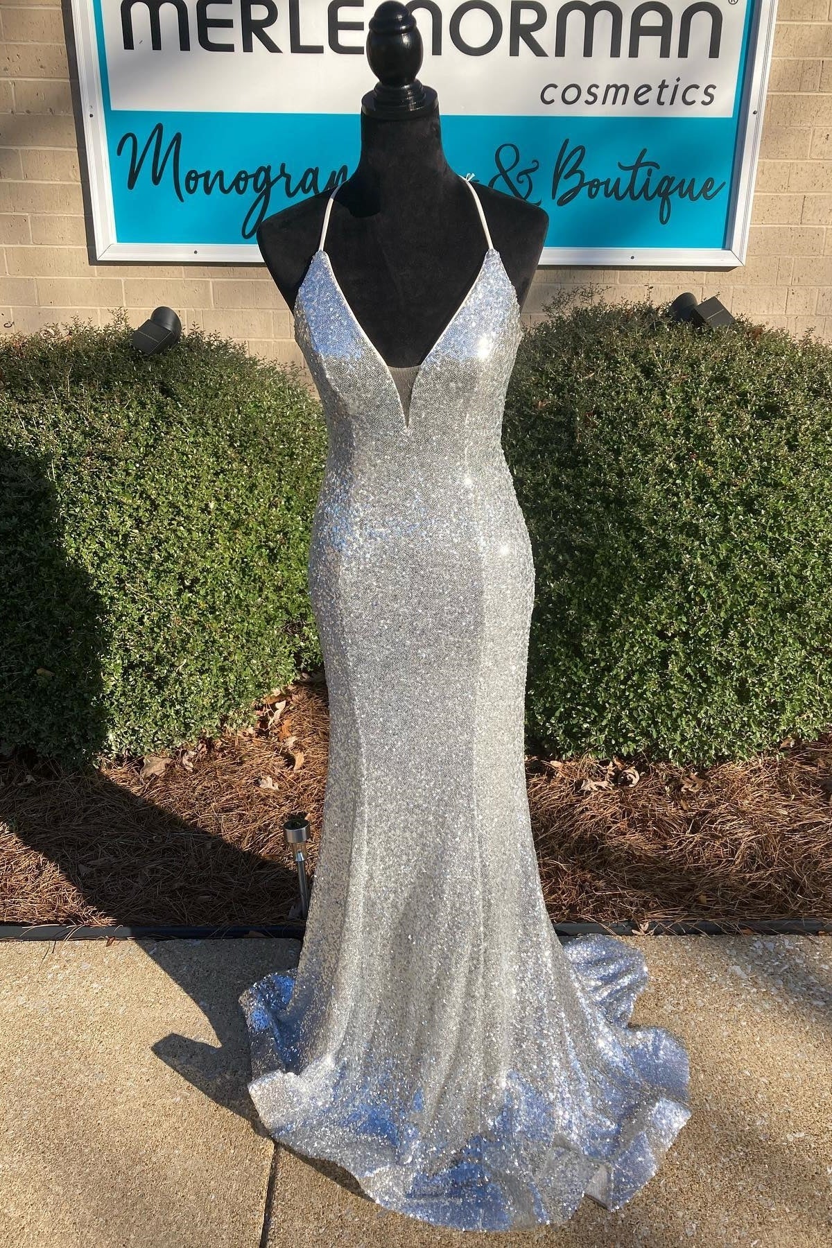 Shiny Silver Sequin V Neck Mermaid Long Prom Dress