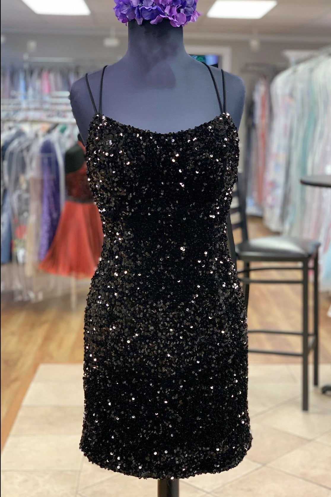Double Straps Black Sequin Bodycon Mini Homecoming Dress