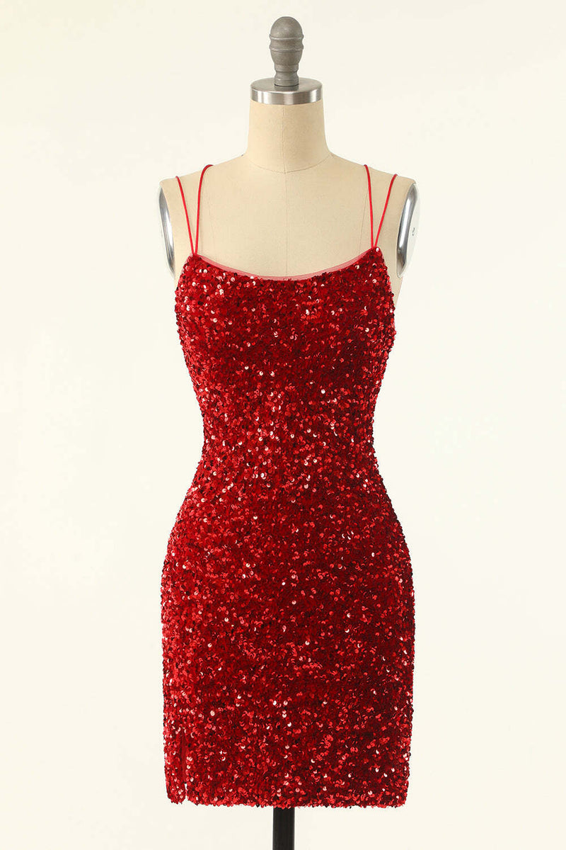Double Straps Red Sequin Bodycon Mini Homecoming Dress