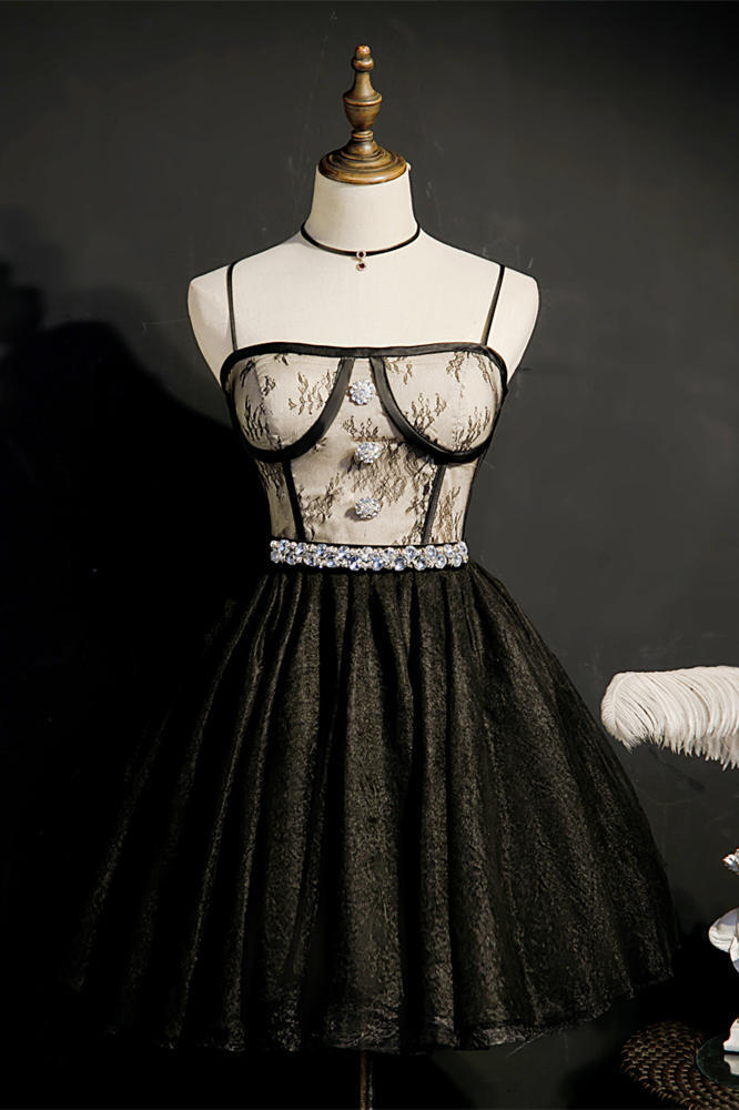 Black A-line Short Party Dress with Diamonds Belt