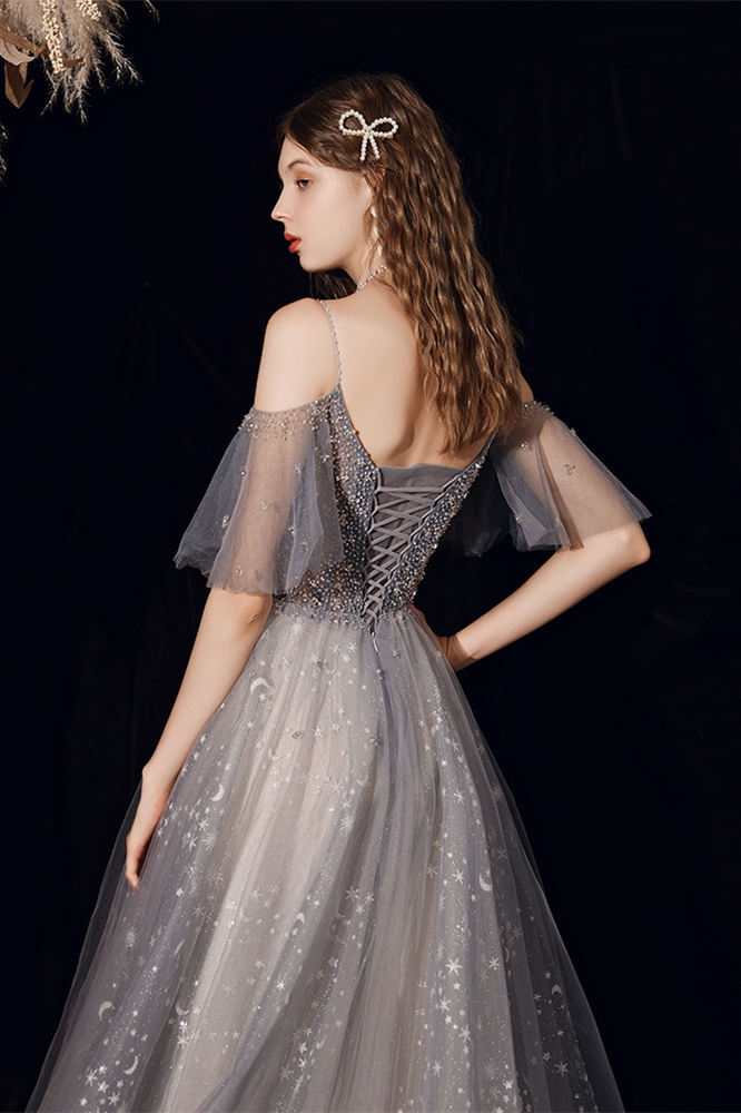 Stunning A-line Grey Tulle Long Formal Dress