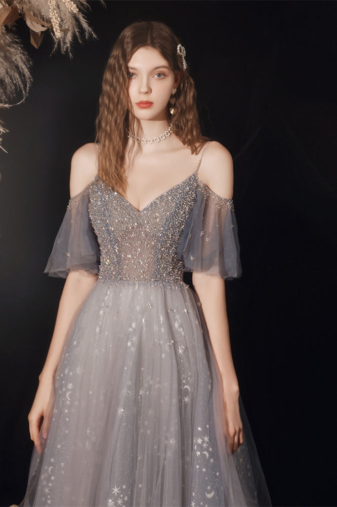 Stunning A-line Grey Tulle Long Formal Dress