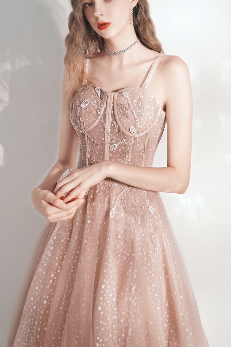 Straps Champagne Polk Dots Tulle Long Prom Dress