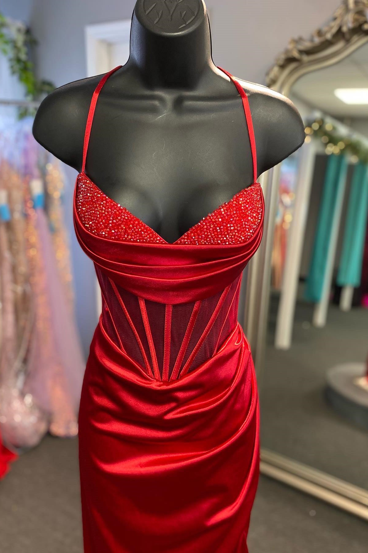 Elegant Beaded Red Satin Mermaid Long Formal Dress