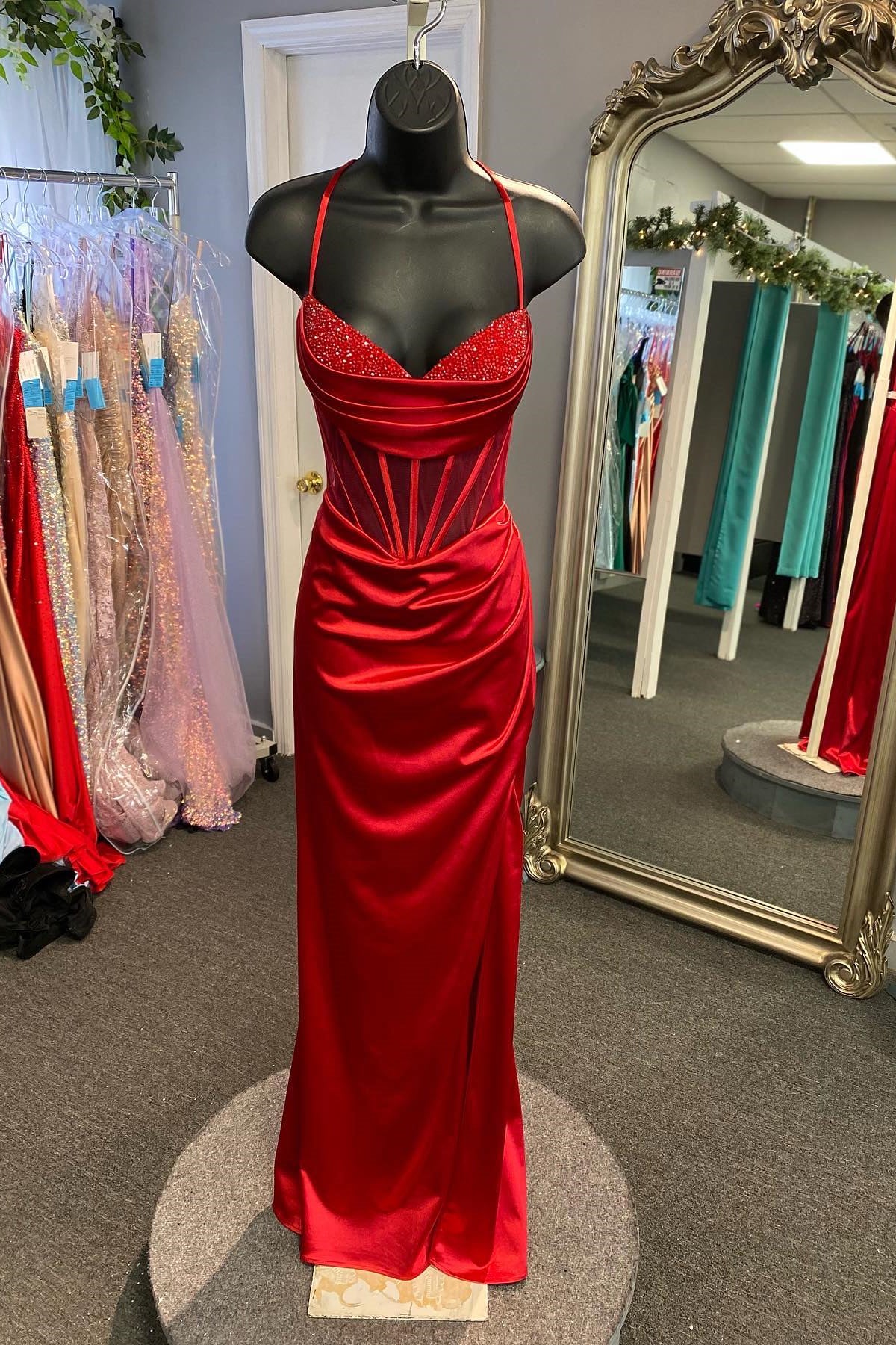 Elegant Beaded Red Satin Mermaid Long Formal Dress