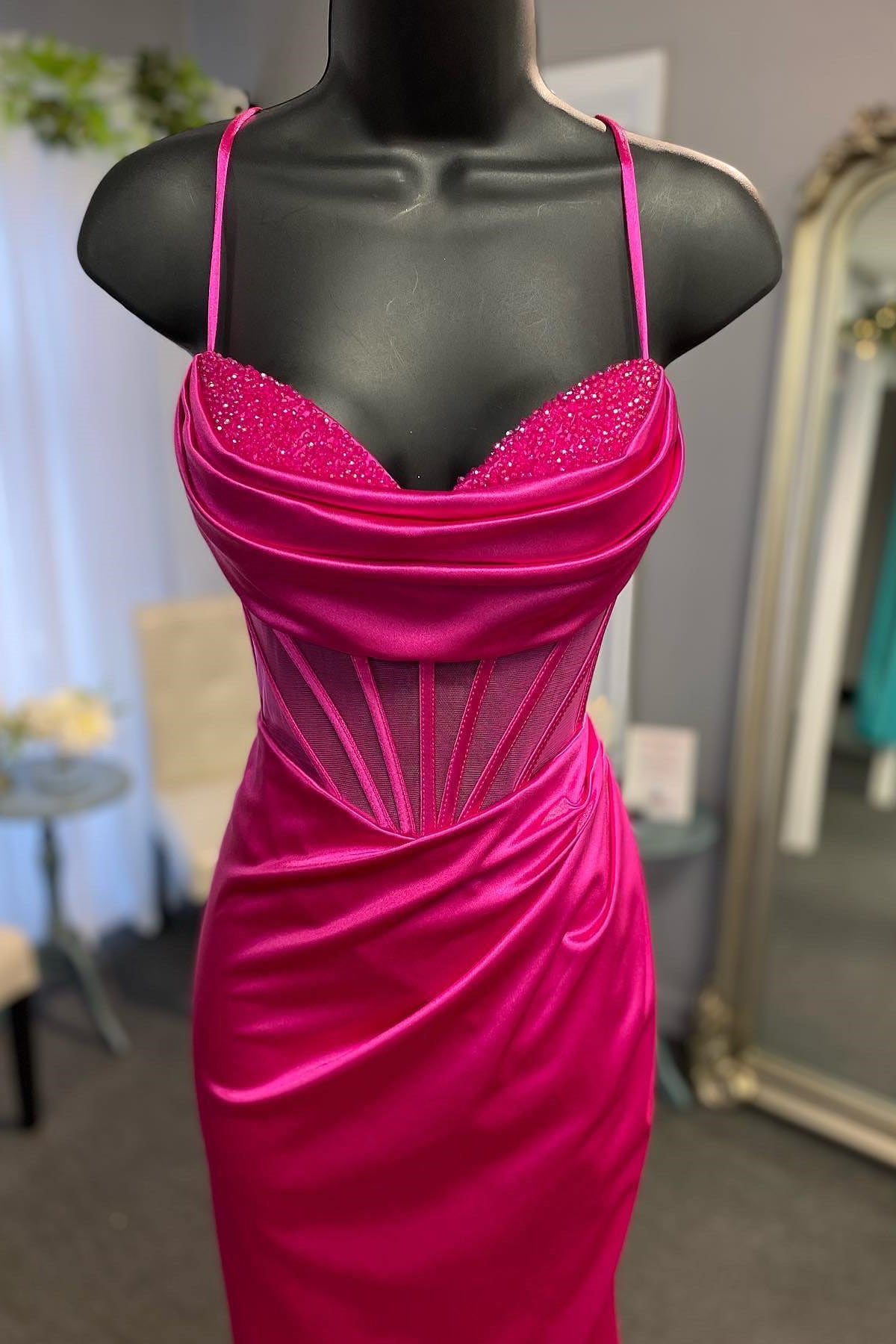 Elegant Beaded Fuchsia Satin Mermaid Long Formal Dress