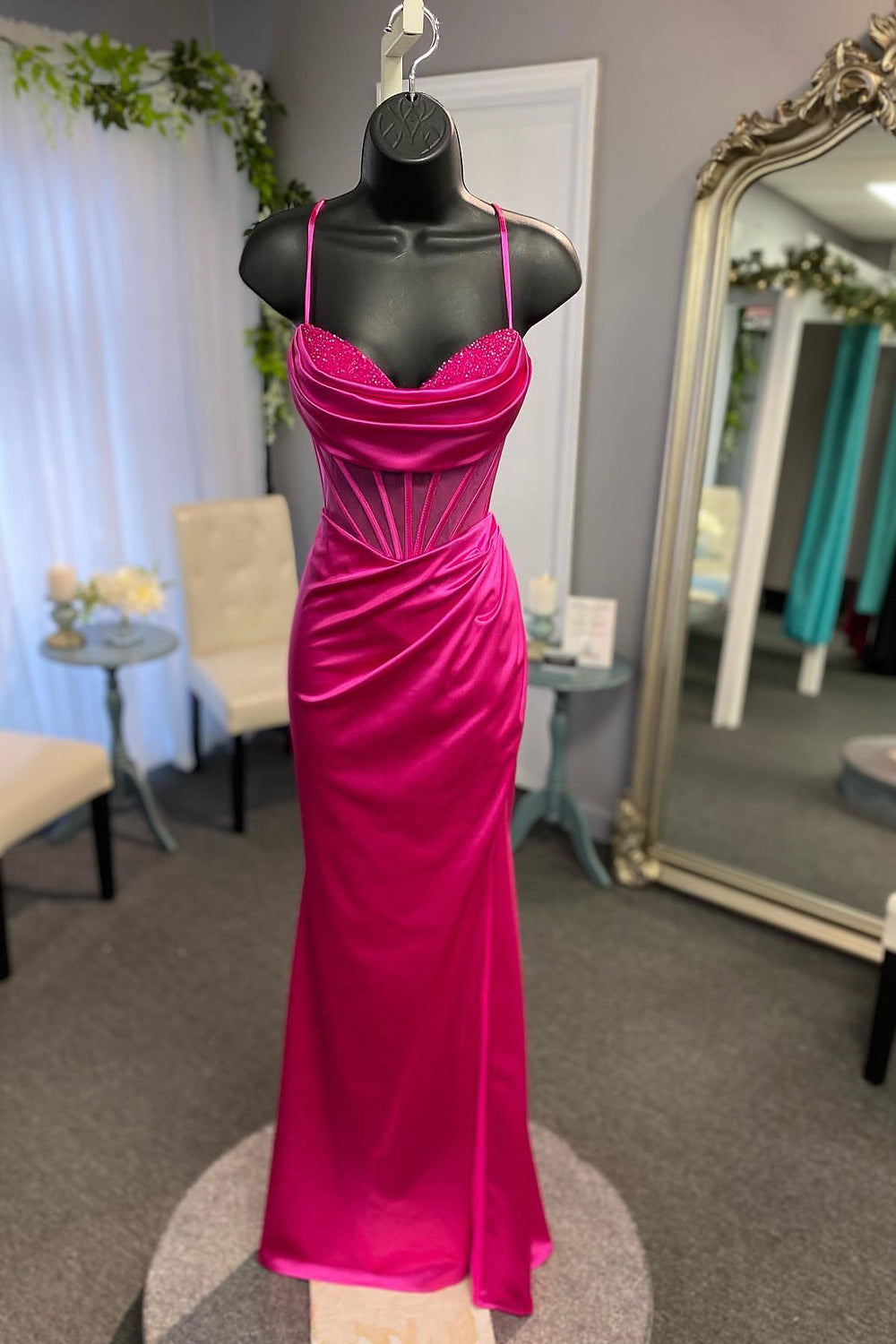 Fuchsia Satin Mermaid Long Prom Dresses with Beading VK24031104 main image 0