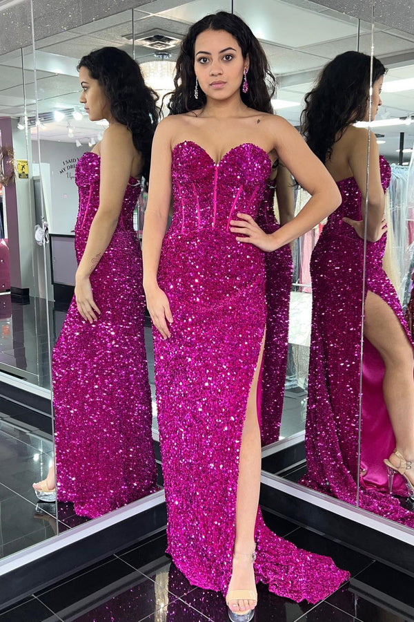Dreamyannie Fuchsia Prom Dress Sequined Sweetheart Long Formal Dress