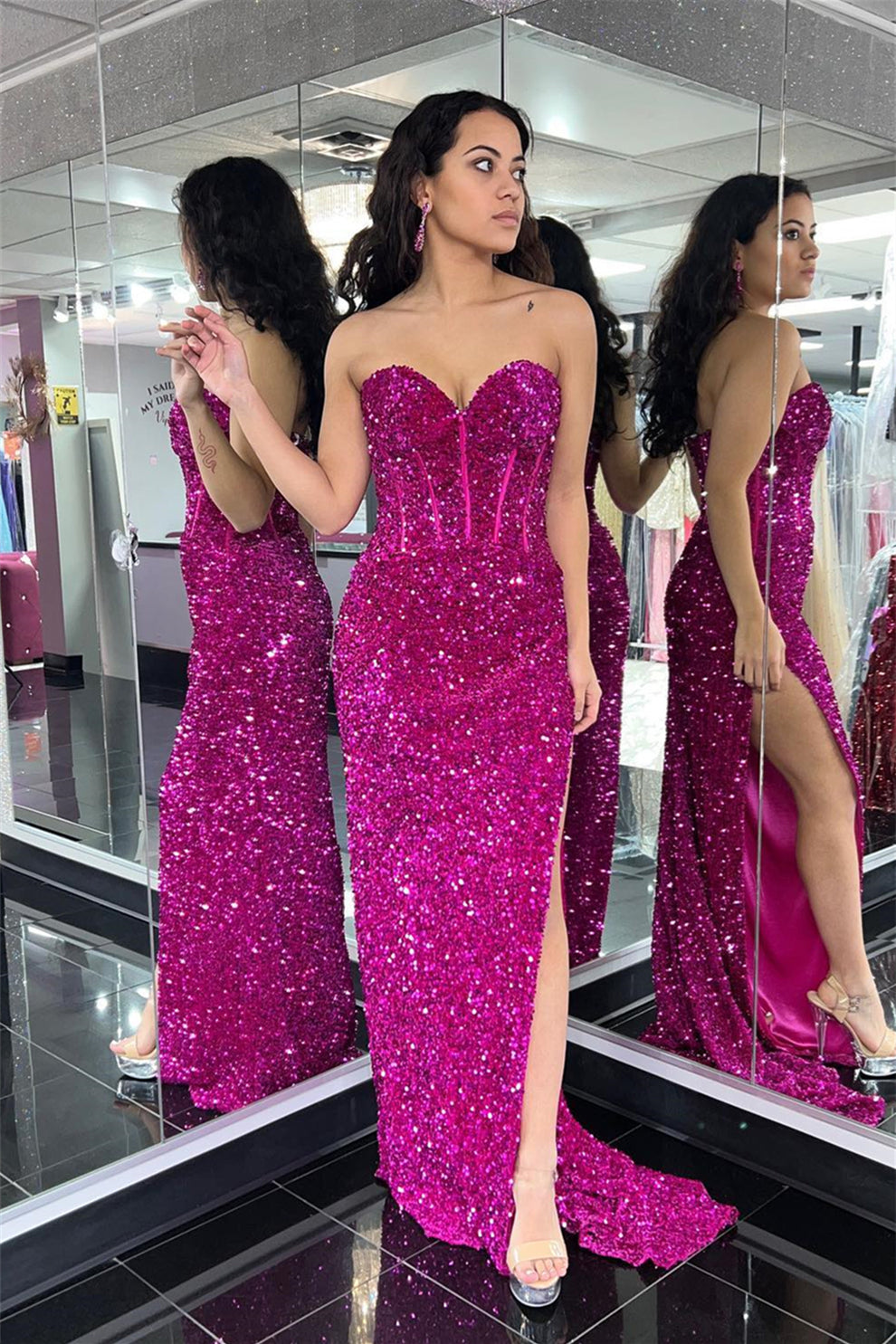 Dreamyannie Fuchsia Prom Dress Sequined Sweetheart Long Formal Dress main image 0