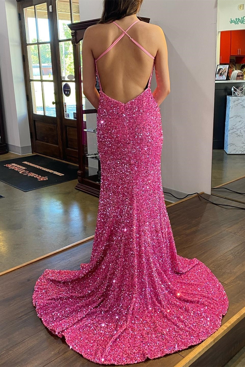 Straps Pink Sequin V Neck Mermaid Long Formal Dress