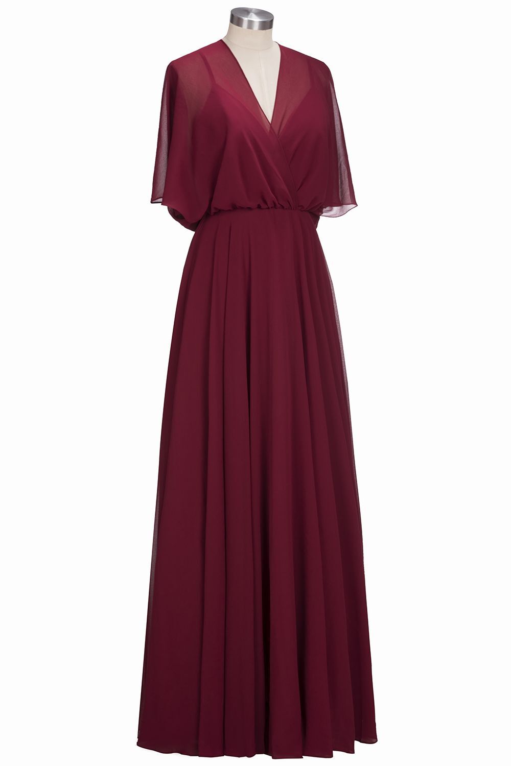 Casual A-line Burgundy Flare Sleeves Long Bridesmaid Dress