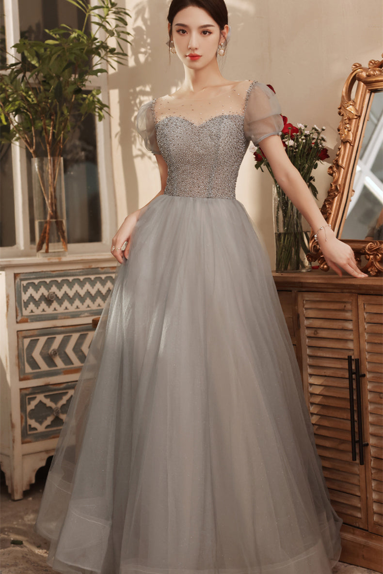 Short Sleeves Grey Beaded A-line Tulle Long Formal Dress