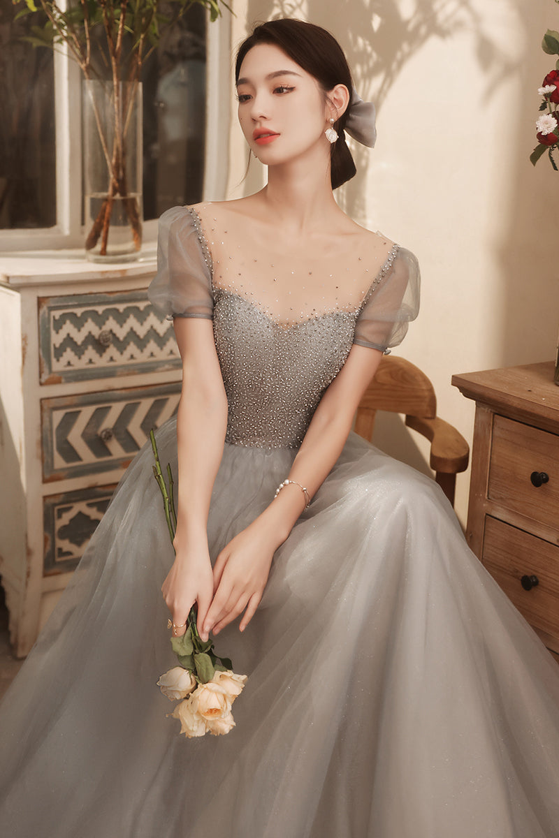 Short Sleeves Grey Beaded A-line Tulle Long Formal Dress Dressesforparty Short Sleeves Grey Beaded A-line Tulle Long Formal Dress Dressesforparty
