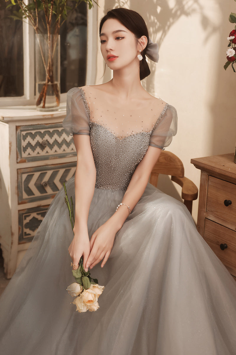 Short Sleeves Grey Beaded A-line Tulle Long Formal Dress