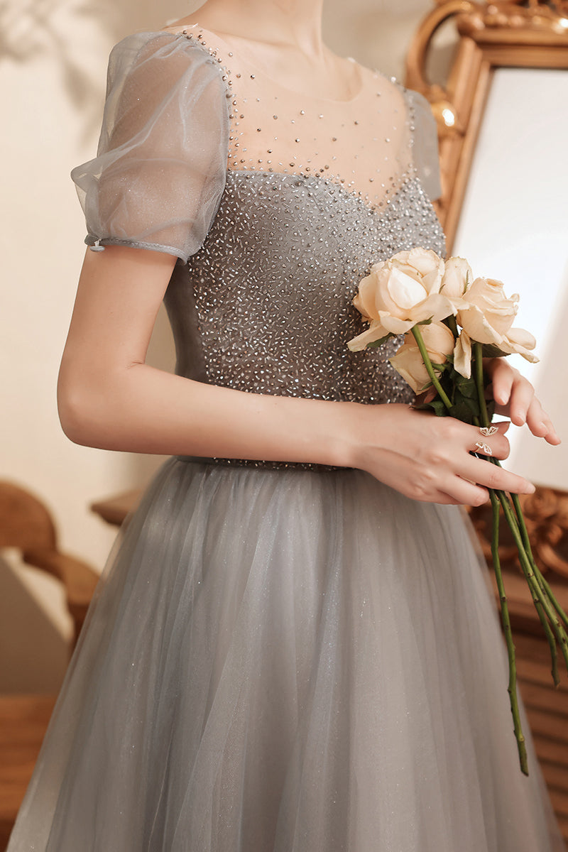 Short Sleeves Grey Beaded A-line Tulle Long Formal Dress Dressesforparty Short Sleeves Grey Beaded A-line Tulle Long Formal Dress Dressesforparty