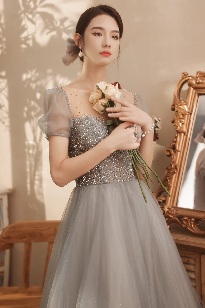 Short Sleeves Grey Beaded A-line Tulle Long Formal Dress Dressesforparty Short Sleeves Grey Beaded A-line Tulle Long Formal Dress Dressesforparty