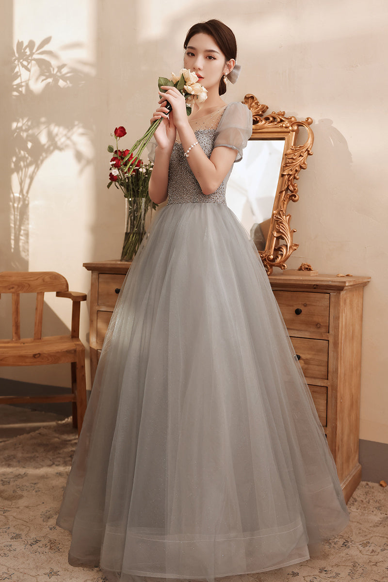 Short Sleeves Grey Beaded A-line Tulle Long Formal Dress